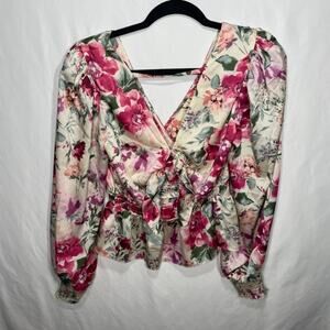 Express Floral Print Faux Wrap Peplum Top Puffy Sleeve Smocked Cuff XS Cottage